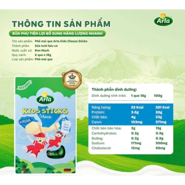 Phô Mai Arla Kids Sticks 6 Thanh 18g – Bổ Canxi Cao, Béo Ngậy, Dinh Dưỡng Châu Âu, Giá 79.000₫ 5 Phô Mai Arla Kids Sticks 6 Thanh 18g – Bổ Canxi Cao, Béo Ngậy, Dinh Dưỡng Châu Âu, Giá 79.000₫ 5