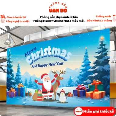 Phông nền Merry Christmas cỡ lớn - Nhiều kích thước, bạt ngoài trời, in bạt chỉ 200k