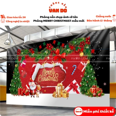 Phông nền Merry Christmas cỡ lớn - Nhiều kích thước, bạt ngoài trời, in bạt chỉ 200k