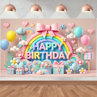 Phông nền sinh nhật cầu vồng, biểu ngữ chúc mừng, bóng bay, đám mây, confetti và trang trí chụp ảnh trẻ em