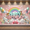 Phông nền sinh nhật cầu vồng, biểu ngữ chúc mừng, bóng bay, đám mây, confetti và trang trí chụp ảnh trẻ em 2
