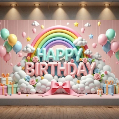 Phông nền sinh nhật cầu vồng, biểu ngữ chúc mừng, bóng bay, đám mây, confetti và trang trí chụp ảnh trẻ em 2