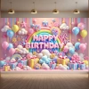 Phông nền sinh nhật cầu vồng, biểu ngữ chúc mừng, bóng bay, đám mây, confetti và trang trí chụp ảnh trẻ em 3