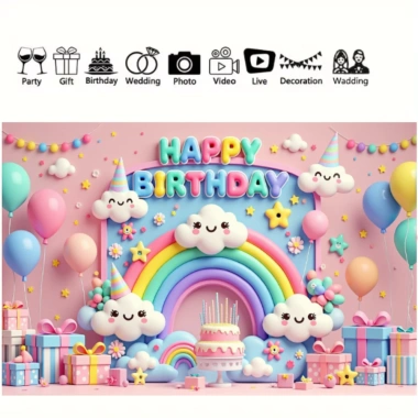 Phông nền sinh nhật cầu vồng, biểu ngữ chúc mừng, bóng bay, đám mây, confetti và trang trí chụp ảnh trẻ em 6