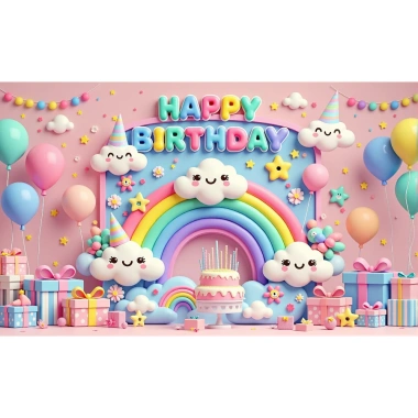 Phông nền sinh nhật cầu vồng, biểu ngữ chúc mừng, bóng bay, đám mây, confetti và trang trí chụp ảnh trẻ em 10