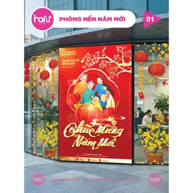 Phông nền Tết Nguyên Đán Happy New Year Khổ Đỏ In Theo Yêu Cầu - HAFU HOUSE 01-14