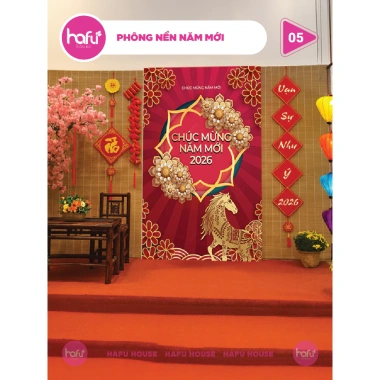 Phông nền Tết Nguyên Đán Happy New Year Khổ Đỏ In Theo Yêu Cầu - HAFU HOUSE 01-14