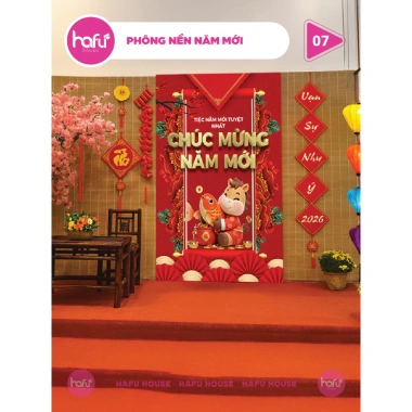 Phông nền Tết Nguyên Đán Happy New Year Khổ Đỏ In Theo Yêu Cầu - HAFU HOUSE 01-14