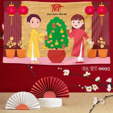 Phông nền tranh vải treo tường Backdrop Tết Nguyên Đán Happy New Year, kèm đinh móc và keo dán, giảm giá 18%