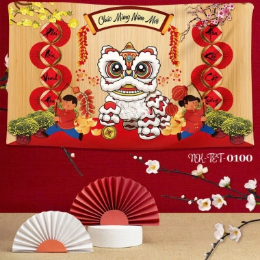 Phông nền tranh vải treo tường Backdrop Tết Nguyên Đán Happy New Year, kèm đinh móc và keo dán, giảm giá 18%