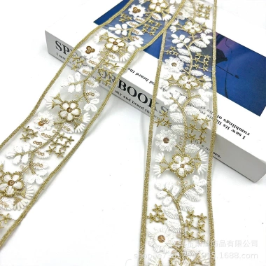Phụ kiện retro thêu sequin ren vàng phong cách dân tộc 5.5cm - OLAX 4