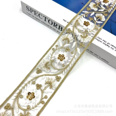 Phụ kiện retro thêu sequin ren vàng phong cách dân tộc 5.5cm - OLAX 7