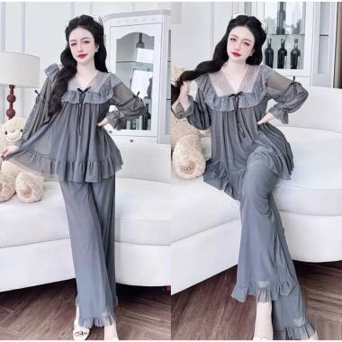 Pijama Bigsize Nữ Tay Dài Vải Voan Thun Lưới 45‑70kg Đồ Ngủ Nhà Thoải mái