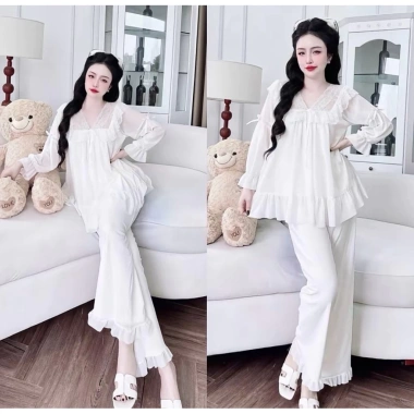 Pijama Bigsize Nữ Tay Dài Vải Voan Thun Lưới 45‑70kg Đồ Ngủ Nhà Thoải mái
