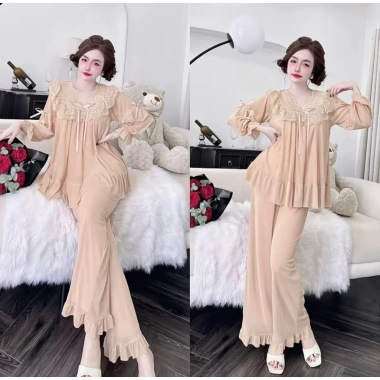Pijama Bigsize Nữ Tay Dài Vải Voan Thun Lưới 45‑70kg Đồ Ngủ Nhà Thoải mái