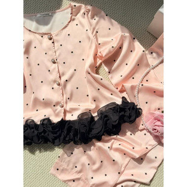 Pijama chất lụa chấm bi ren sóng nước tay dài + quần dài - Giá ưu đãi 199.999đ