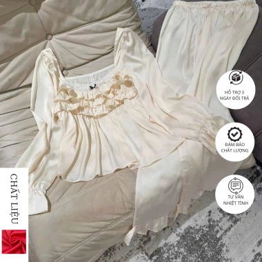Pijama dài tay lụa cổ vuông ngực xếp ly tiểu thư siêu xinh - Giá chỉ 209.000đ