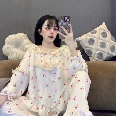 Pijama Đũi Cổ Tròn Đính Nơ + Charm Phối Ren Siêu Cute - Giá 159.000 VNĐ