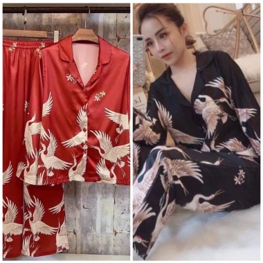 Pijama lụa mango chim hạc đen đỏ tay dài quần dài - Bộ lụa mặc nhà mát nhẹ 142.000đ