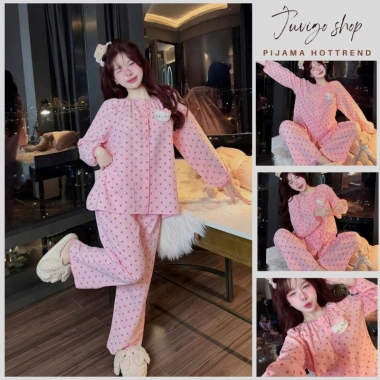 Pijama nữ JUVIGO HCOM26.899 cổ tròn hoạ tiết chấm bi hồng siêu xinh - Đồ ngủ nữ giá ưu đãi 259k