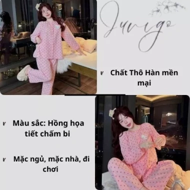 Pijama nữ JUVIGO HCOM26.899 cổ tròn hoạ tiết chấm bi hồng siêu xinh - Đồ ngủ nữ giá ưu đãi 259k