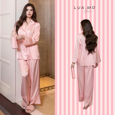 Pijama Tiểu Thư Form Vest Sọc Hồng - Đồ Bộ Lụa Latin Cao Cấp LM142, Tặng Bịt Mắt, Giá 359.999₫