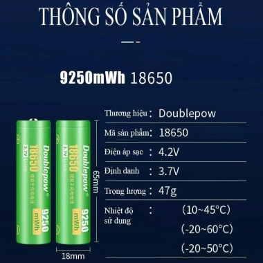 Pin 18.650 Doublepow 9.250mWh đầu lồi và đầu bằng – chuẩn, chất lượng cao, giá ưu đãi