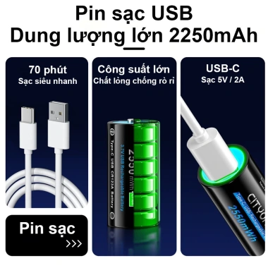 Pin CITYORK 16.340 CR123A 3.7V 2.250mAh Type-C sạc nhanh, dung lượng cao cho máy ảnh & đèn pin siêu sáng - chỉ 89.000₫ 3