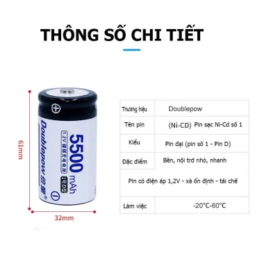 Pin đại sạc lại D 5.500mAh Ni‑Cd Doublepow cao cấp, dung lượng thực - 89.000₫ 8 Pin đại sạc lại D 5.500mAh Ni‑Cd Doublepow cao cấp, dung lượng thực - 89.000₫ 8