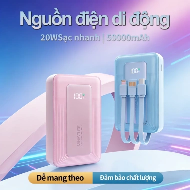Pin dự phòng 50.000m 3 cổng, nhỏ gọn, sạc nhanh 20W, phù hợp mọi điện thoại, an toàn, giá ưu đãi 339.999đ