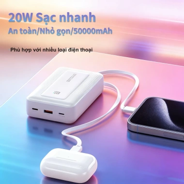 Pin dự phòng 50.000m 3 cổng, nhỏ gọn, sạc nhanh 20W, phù hợp mọi điện thoại, an toàn, giá ưu đãi 339.999đ