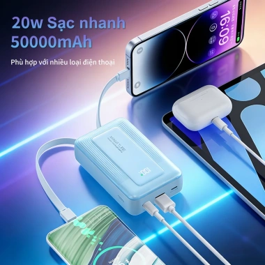 Pin dự phòng 50.000m 3 cổng, nhỏ gọn, sạc nhanh 20W, phù hợp mọi điện thoại, an toàn, giá ưu đãi 339.999đ