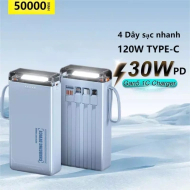 Pin Dự Phòng 50.000mAh + 4 Cáp Sạc Nhanh, Tặng Dây, Bảo Hành 12 Tháng, Giá 165k