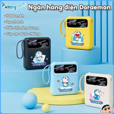 Pin Dự Phòng Doraemon 10.000mAh Sạc Nhanh, 4 Dây Type‑C Lightning USB, Nhỏ Gọn, Chính Hãng