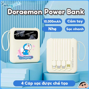 Pin Dự Phòng Doraemon 10.000mAh Sạc Nhanh, 4 Dây Type‑C Lightning USB, Nhỏ Gọn, Chính Hãng