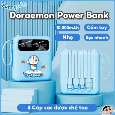 Pin Dự Phòng Doraemon 10.000mAh Sạc Nhanh, 4 Dây Type‑C Lightning USB, Nhỏ Gọn, Chính Hãng