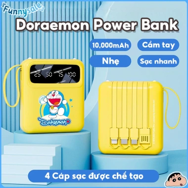Pin Dự Phòng Doraemon 10.000mAh Sạc Nhanh, 4 Dây Type‑C Lightning USB, Nhỏ Gọn, Chính Hãng