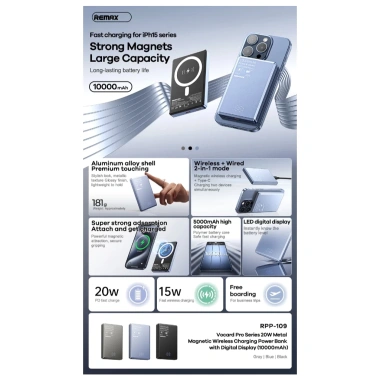 Pin Dự Phòng REMAX RPP-109 10.000mAh, Sạc Không Dây Magnetic, QC3.0 PD 20W Type‑C, CCC – 439.000₫ 2 Pin Dự Phòng REMAX RPP-109 10.000mAh, Sạc Không Dây Magnetic, QC3.0 PD 20W Type‑C, CCC – 439.000₫ 2