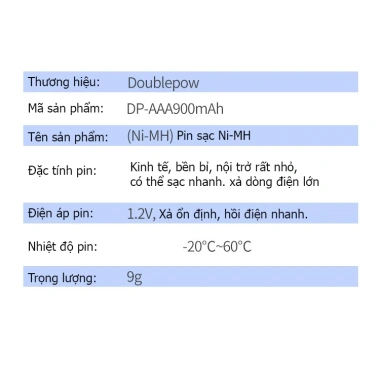 Pin đũa AAA Doublepow 900mAh 1.2V Ni‑MH – Thế hệ mới, bền bỉ, sạc 1.200 lần, hàng chính hãng, giá 32.000₫ 8