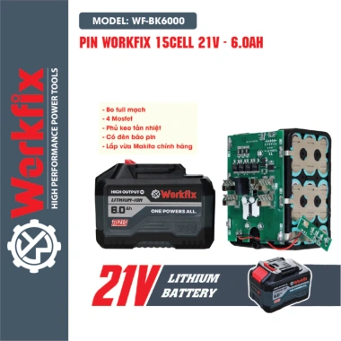 Pin Máy Khoan 15 Cell Workfix 21V 6Ah Xanh – Chân Pin, Mạch 4 Mosfet, Dòng Xả Cao, Giá 453.000 VND