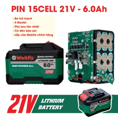 Pin Máy Khoan 15 Cell Workfix 21V 6Ah Xanh – Chân Pin, Mạch 4 Mosfet, Dòng Xả Cao, Giá 453.000 VND