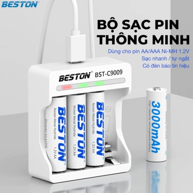 Pin Sạc AA/AAA Beston C9.009 - Sạc nhanh, tự ngắt, đa năng cho micro karaoke, loa, đồ chơi, đồng hồ