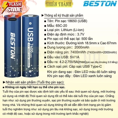 Pin sạc BESTON Li-ion 3.7V 18.650/18.700/21.770 65C-20 70M-35 77T-50 cho máy ảnh, đo, ban đêm - 120.000₫ 2