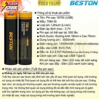 Pin sạc BESTON Li-ion 3.7V 18.650/18.700/21.770 65C-20 70M-35 77T-50 cho máy ảnh, đo, ban đêm - 120.000₫ 3