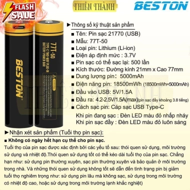 Pin sạc BESTON Li-ion 3.7V 18.650/18.700/21.770 65C-20 70M-35 77T-50 cho máy ảnh, đo, ban đêm - 120.000₫ 4