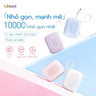Pin sạc dự phòng 10.000mAh Uneed 3 trong 1, sạc nhanh PD 22.5W Type‑C & Lightning, iPhone & Samsung, chỉ 499.000₫