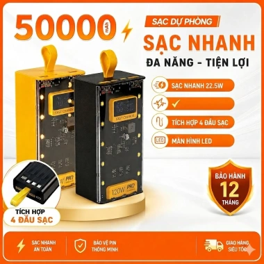 Pin sạc dự phòng 50.000mAh sạc nhanh 22.5W, tích hợp dây, bảo hành 12 tháng - 329k