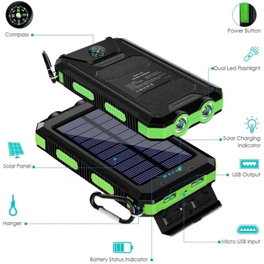 Pin sạc dự phòng năng lượng mặt trời 20.000mAh, đèn LED, sạc nhanh cho smartphone