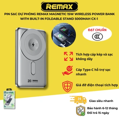 Pin sạc dự phòng REMAX Magnetic 15W Wireless 5.000mAh CX-1 đỡ gập, giảm giá 465k