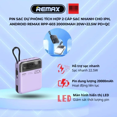 Pin sạc dự phòng REMAX RPP-603 20.000mAh, 2 cáp sạc nhanh cho iPhone Android, PD 22.5W + QC 20W - Giá 635k
